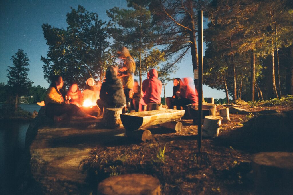 Team having bonfire